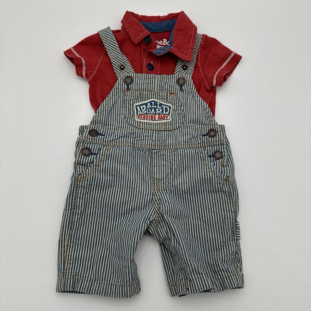 Oshkosh All Aboard Genuine Baby Striped Overalls w/ Red Bodysuit Newborn